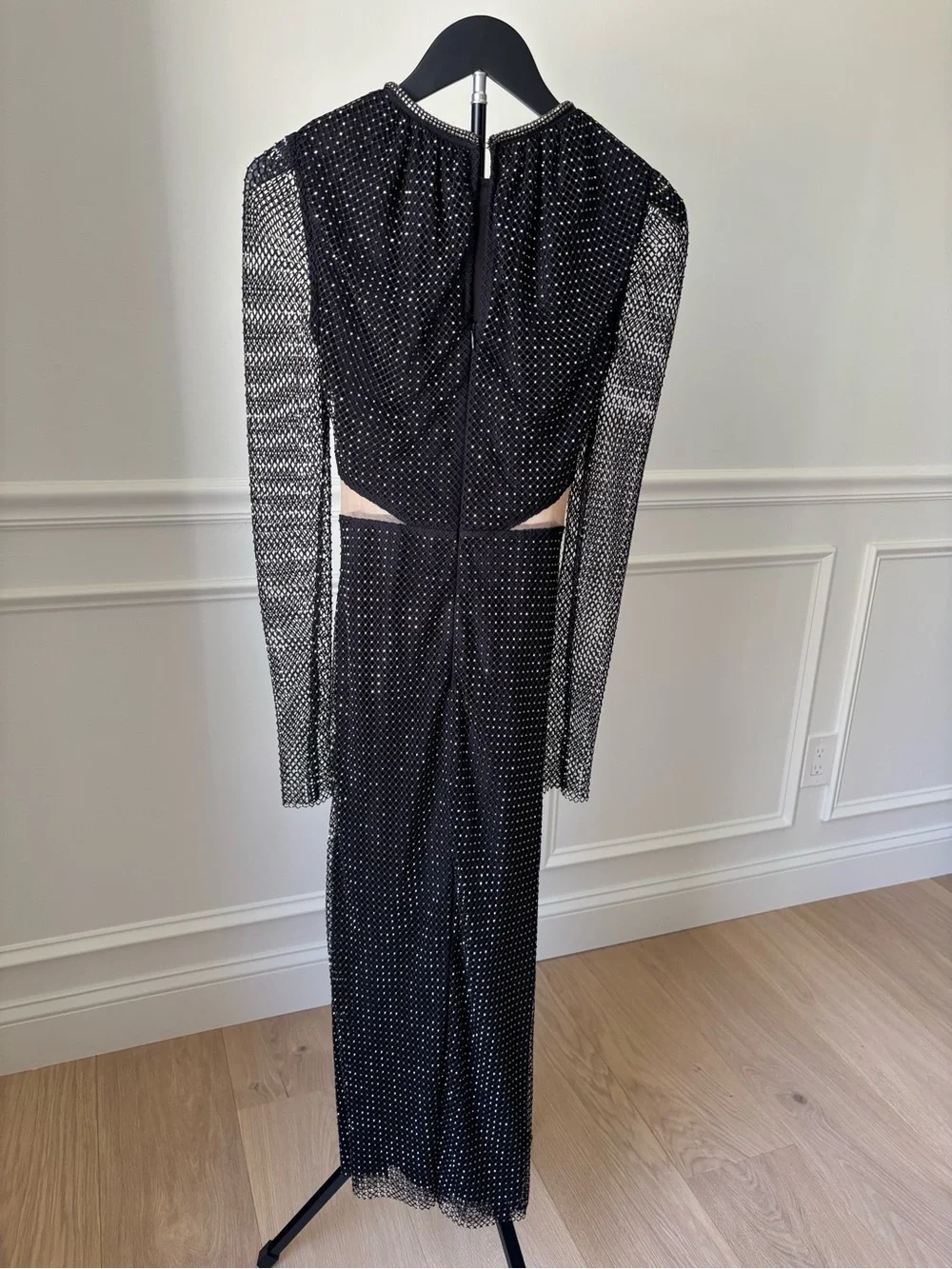 Self-Portrait Black Beaded Mesh Long Sleeve Cutout Midi Dress